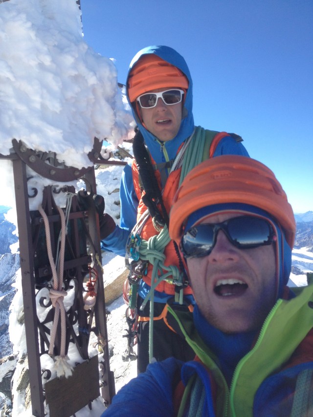 Psyched! On the summit of the Matterhorn with Dave after climbing the North Face via the Schmidt Route. No acclimatisation made the last couple of hundred metres feel like hard work...