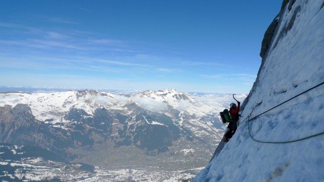 Dave Sharpe leading on thr infamous Hinterstoisser Traverse on the 1938 Route, Eiger North Face. Although tamed by modern equipment, it was hard not to remember the terrible fate of Toni Kurz and his team on their ill fated attempt back in 1936.